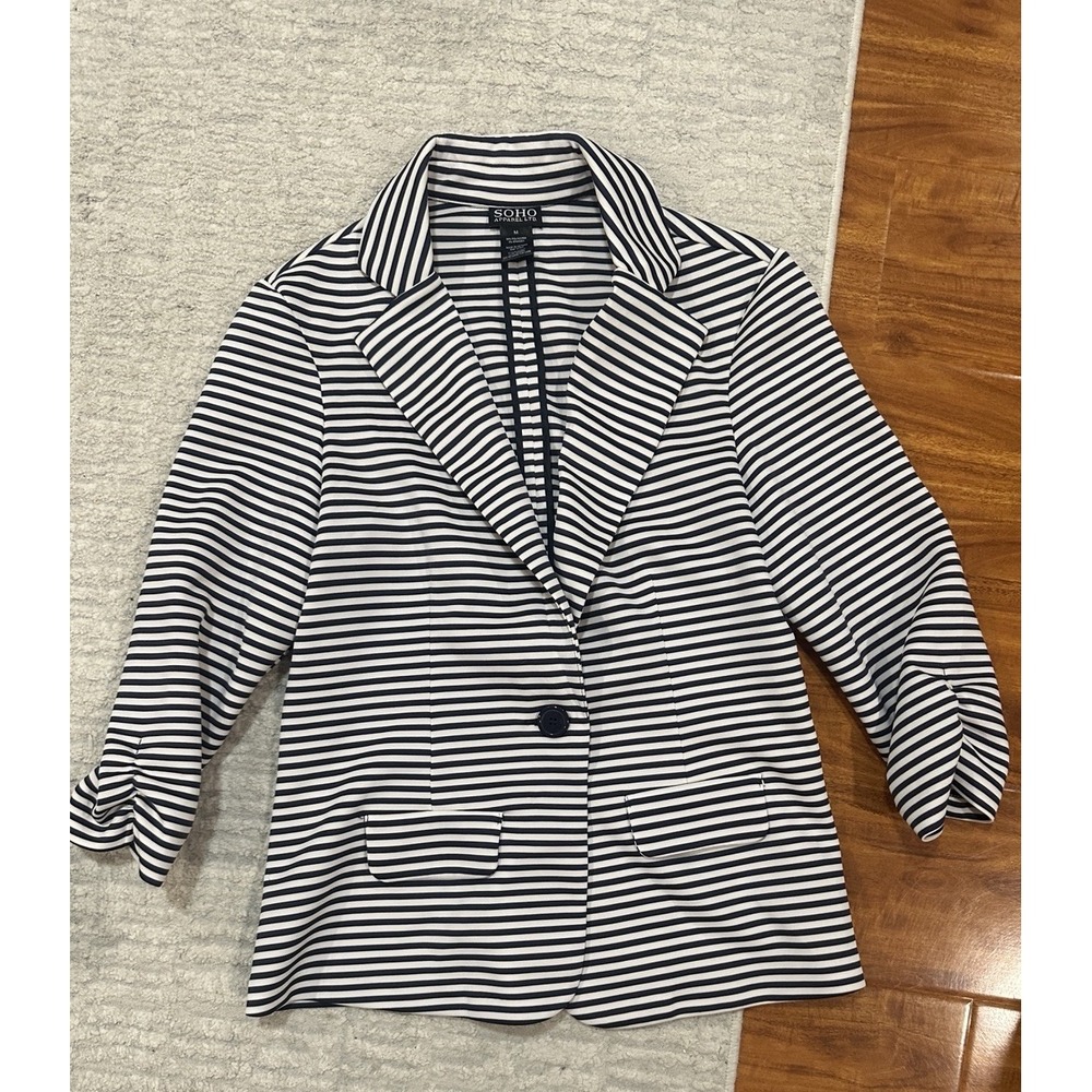 SOHO Apparel Jersey‎ Knit Blazer Womens M Striped 3/4 Sleeve Ladies Jacket Ralph